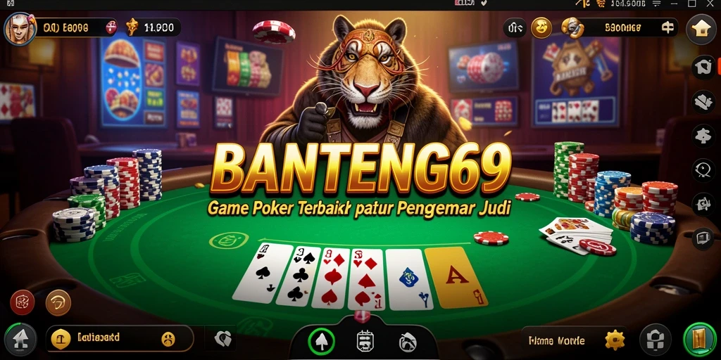 Tampilan gameplay seru BANTENG69 dengan pemain bersaing di meja Poker.