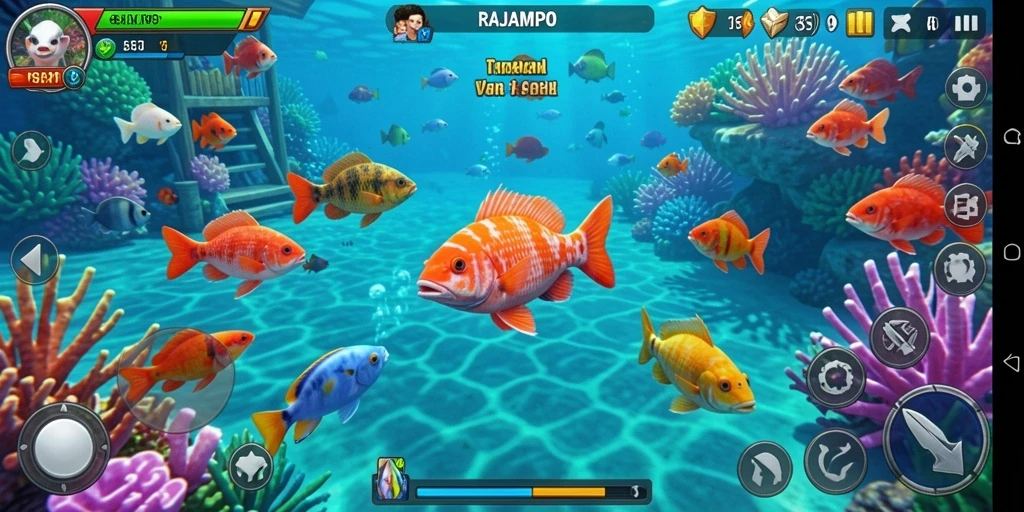 Gameplay menembak ikan yang seru dan penuh warna.